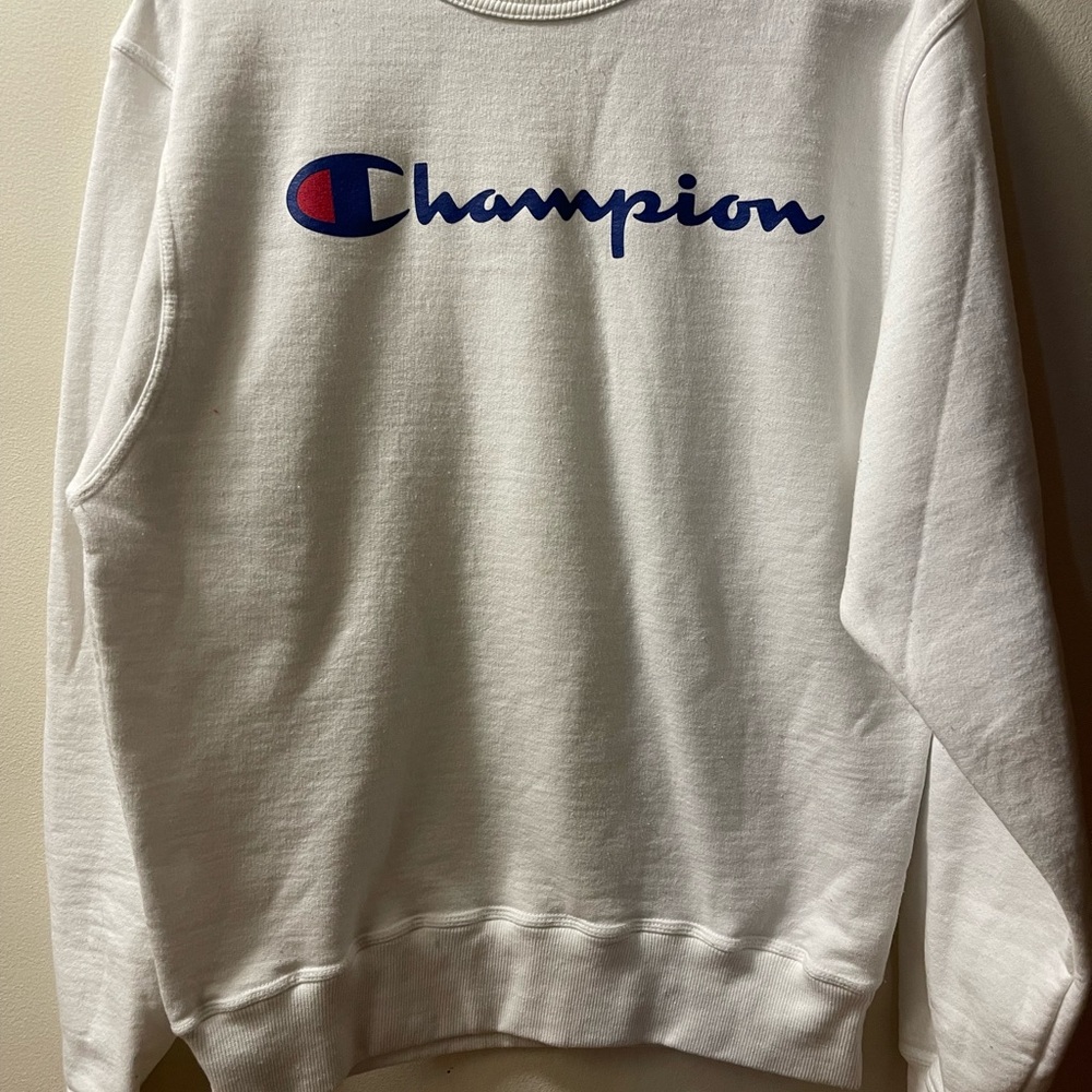Champion White Crewneck with Blue Logo